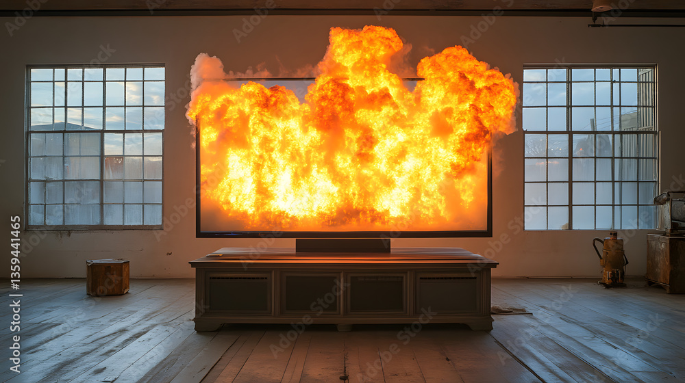 Poster fiery spectacle on screen: captivating image of a screen filled with flames and an explosion within 