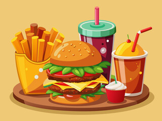 vector of  Delicious burger, fries, and iced tea combo