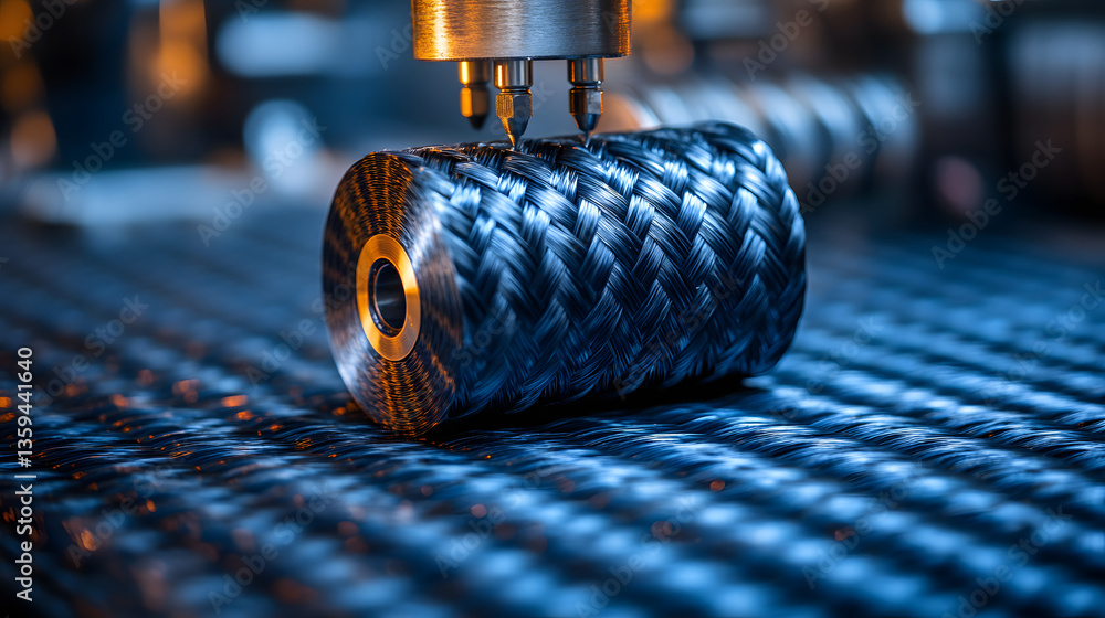 Poster automated precision: a close-up shot showcases a machine intricately shaping a woven carbon fiber co