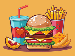 vector of  Delicious burger, fries, and iced tea combo