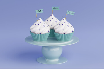Tasty Cupcakes Decorated with Frosting and Turquoise Flag Displayed on a Stylish Turquoise Cake Stand. 3d Rendering