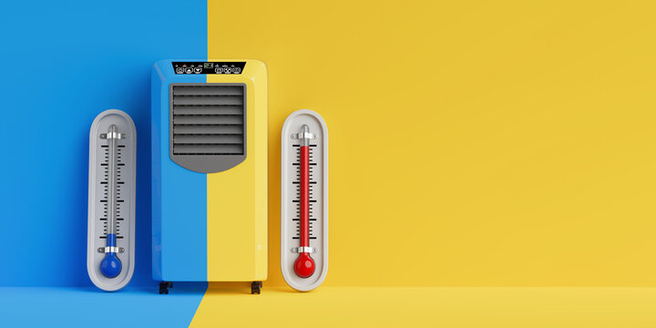 Portable Mobile Room Air Conditioner with Outdoor Thermometers Showing High and Low Temperatures. 3d Rendering