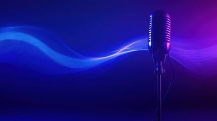 Studio-quality microphone against a moody blue gradient background, enhanced by an abstract soundwave animation, perfect for music production themes.