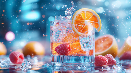Vibrant citrus and raspberry cocktail with ice cubes and splash in a glass on a colorful, bokeh-lit background