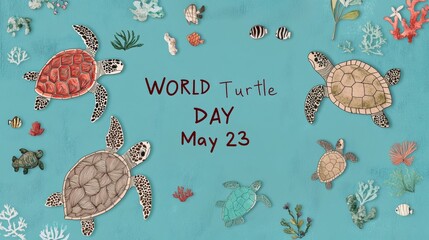A vibrant collection of illustrations highlights World Turtle Day on May 23. The artwork includes various turtles and marine creatures set against a light blue background