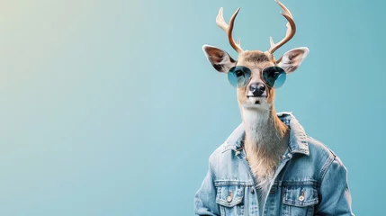  A young male deer with a denim jacket and sunglasses is looking at the camera with a serious expression. © Galib