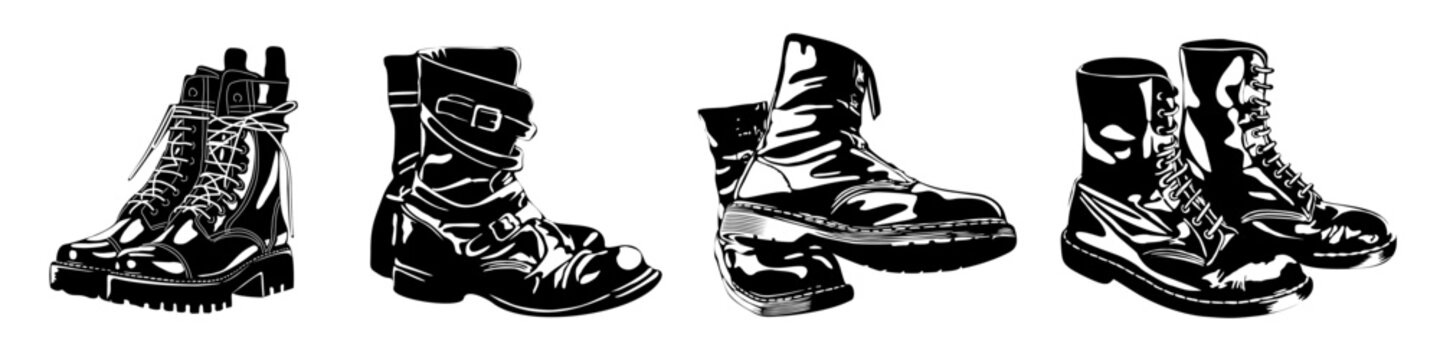 Set of vintage leather boots. Modern Ankle boots, combat, army boots, hiking boots. Black ink monochrome graphic. Hand drawn engraved style vector illustration isolated