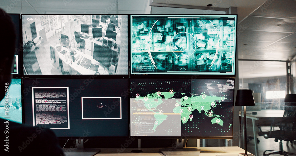 Aufkleber Person, computer and screen with satellite security of global surveillance, coding and monitor worldwide. Agent, map and location of war investigation, programming and script update of law protection