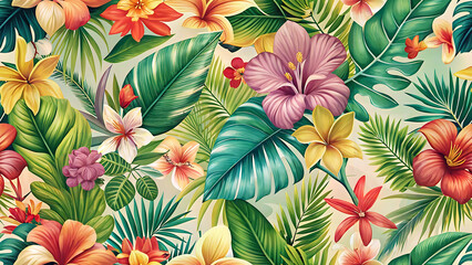 Naklejka premium Lush tropical paradise bursting with vibrant blooms and rich foliage, a vivid tapestry of exotic flowers and leaves in a warm, inviting light.