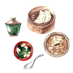 Hand drawn watercolor food illustration. Asian cuisine dishes. Miso soup with tofu. Dumplings in the steamer.