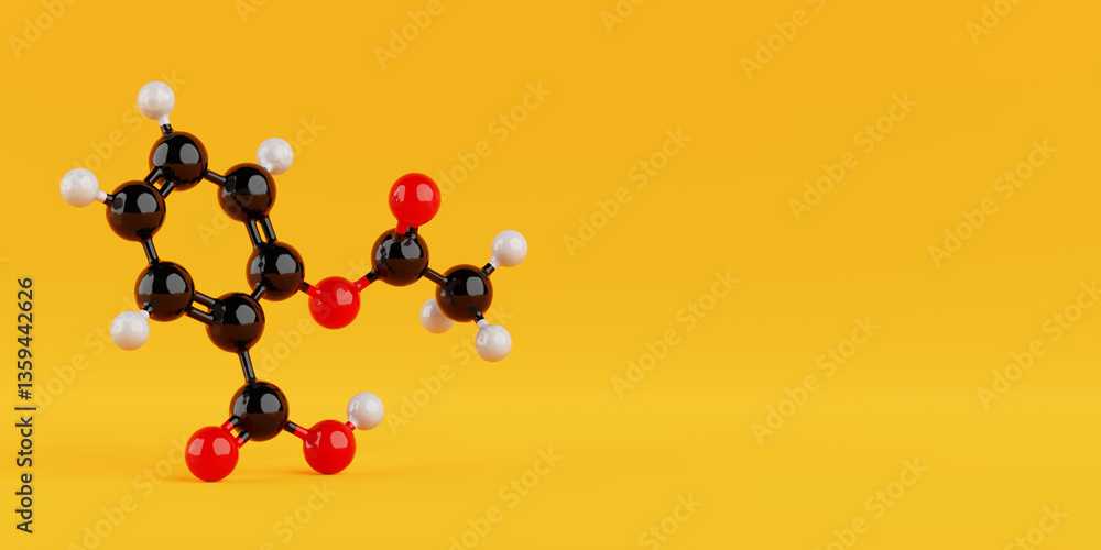 Poster structural model of aspirin molecule. 3d rendering