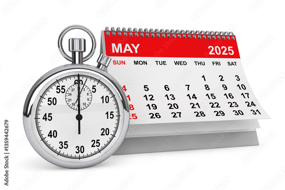 Aufkleber 2025 year may calendar with stopwatch. 3d rendering