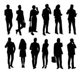 Silhouettes of diverse casual business people standing, walking, men, women full length. Business concept. Black monochrome  Vector illustrations isolated 