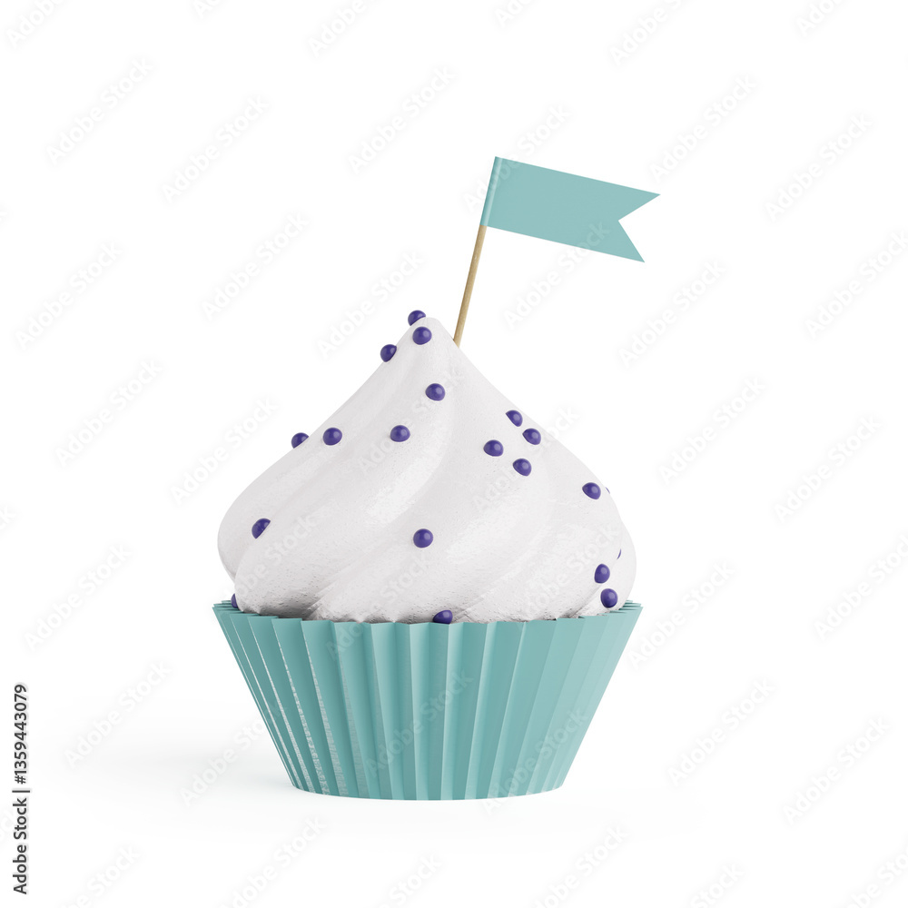 Aufkleber tasty cupcake decorated with frosting and turquoise flag. 3d rendering