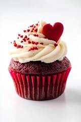  A red velvet cupcake with cream cheese frosting and tiny heart-shaped sprinkles, centered on a white background. Professional product photography with studio lighting, high resolution, high detail, 