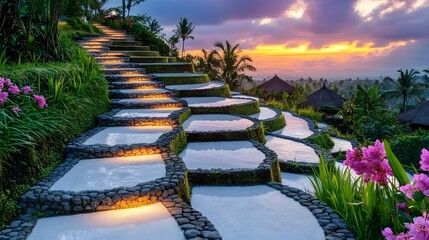 Illuminated Rice Terraces At Sunset In Bali