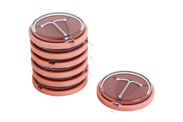 Birth Control Concept. T Shape IUD Copper Intrauterine Device in Plastic Package Case with Glass Lid. 3d Rendering