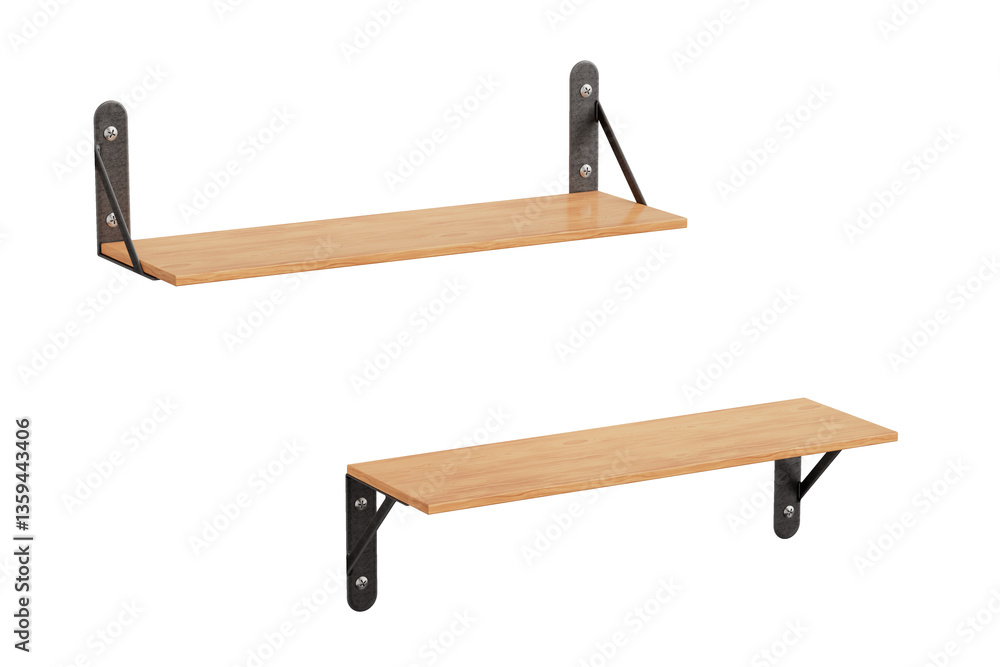 Poster Wooden Wall Shelfs with Bottom and Top Mount. 3d Rendering