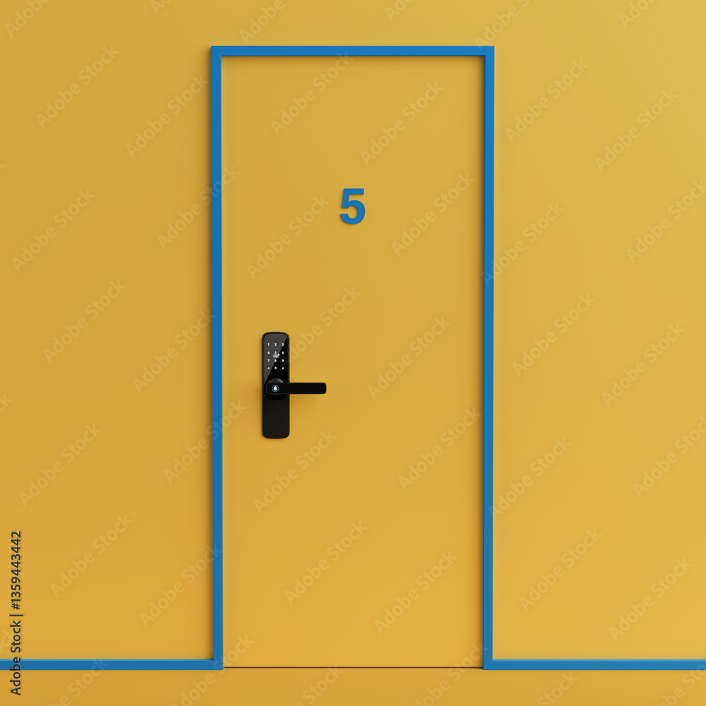 Aufkleber Yellow Modern Door with Inteligente Biometric Smart Door Lock with Digital Keypad. 3d Rendering
