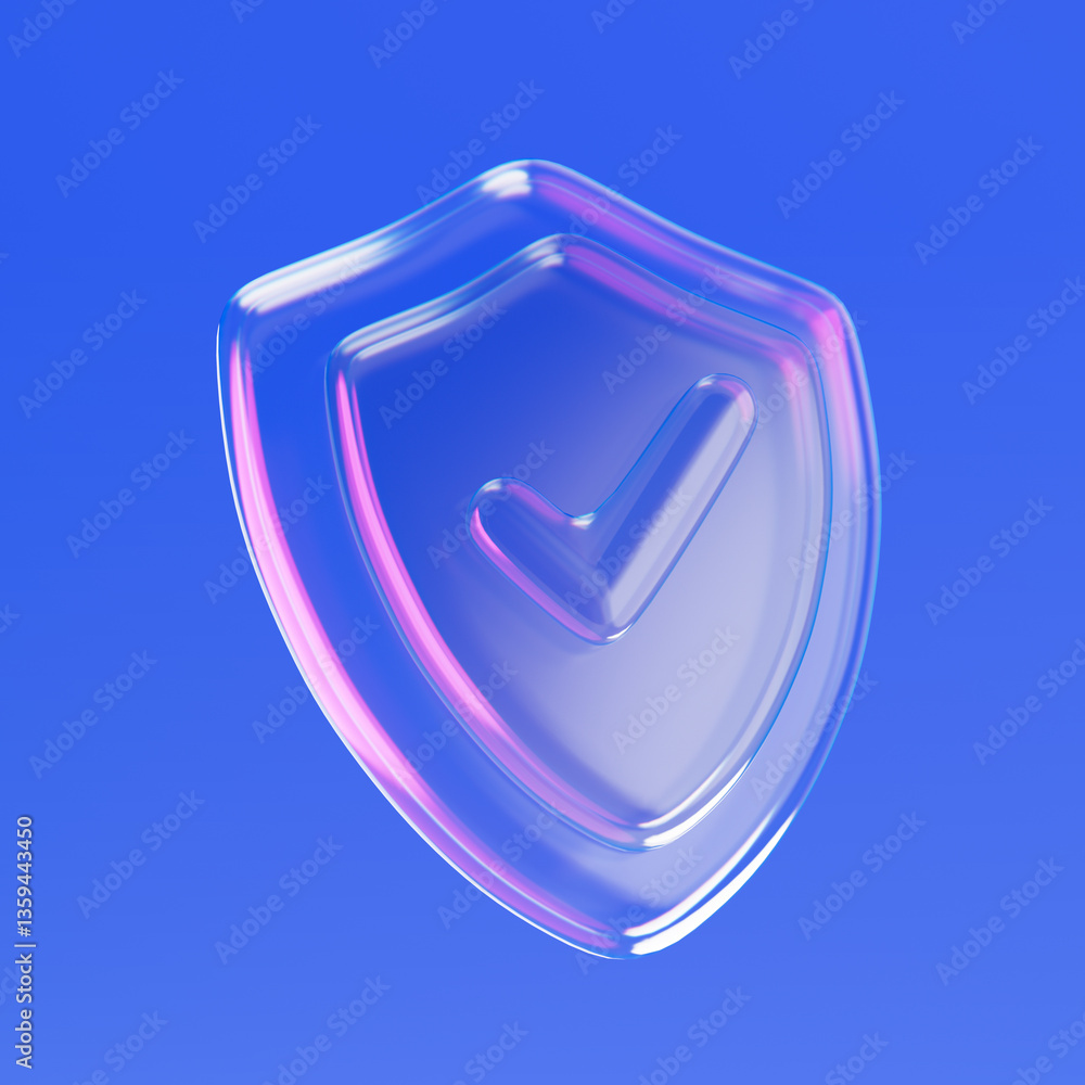 Poster transparent glass security shield icon with iridescent highlights. 3d rendering