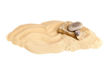 Light beach sand with lines and stones on white background