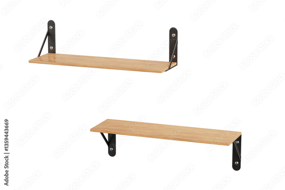 Poster Wooden Wall Shelfs with Bottom and Top Mount. 3d Rendering