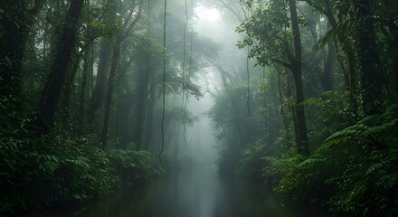 Naklejka premium Fondo de pantalla de un bosque brumoso y densos árboles.