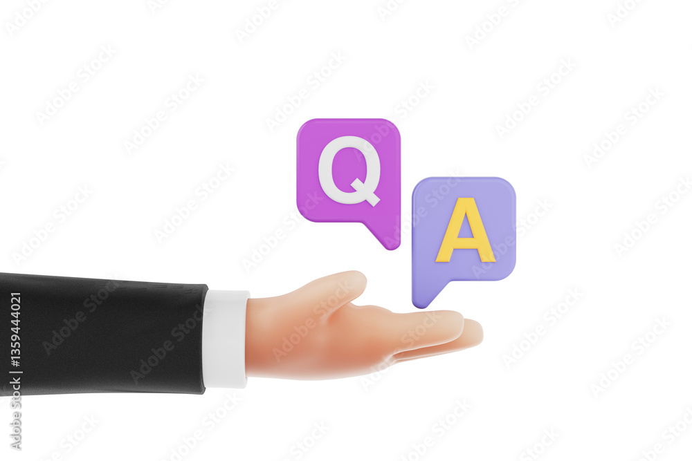 Poster cartoon hand with questions and answers speech bubble icons. 3d rendering