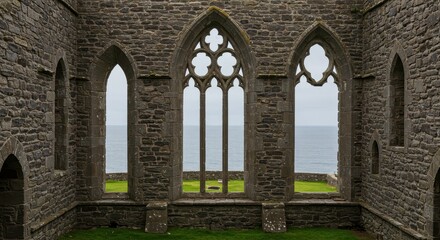 Fototapeta premium Ocean View Through Ancient Ruins: A Coastal Monastery's Gothic Windows