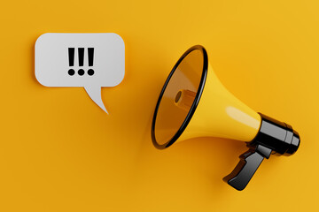 Yellow Megaphone with Three Exclamation Marks Sign Speech Clouds Chat Bubble. 3d Rendering