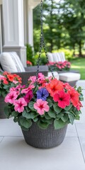 Obraz premium Colorful Overflowing Hanging Flower Basket on a Summer Patio With Furniture in the Backdrop