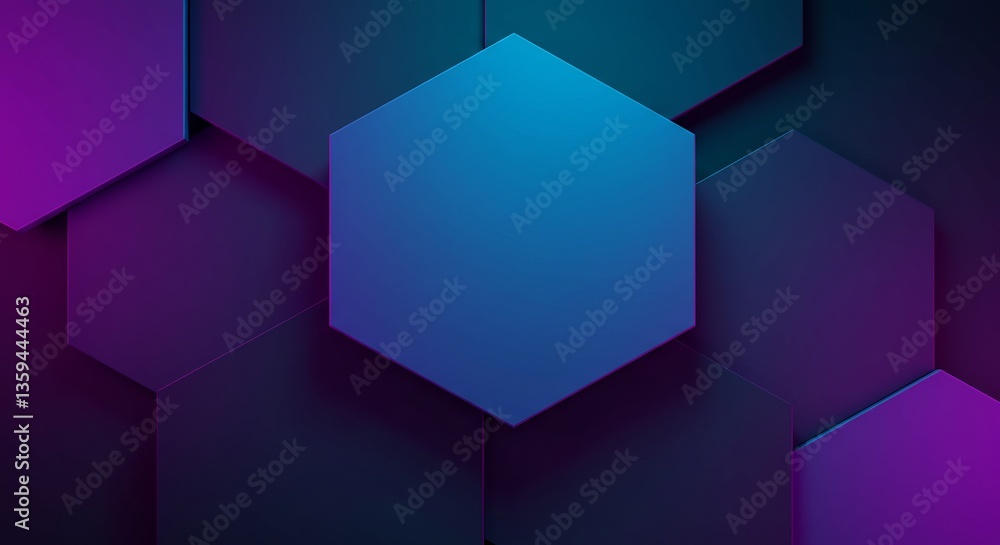 Poster modern hexagonal background with a central, elevated blue hexagon surrounded by layered purple and d