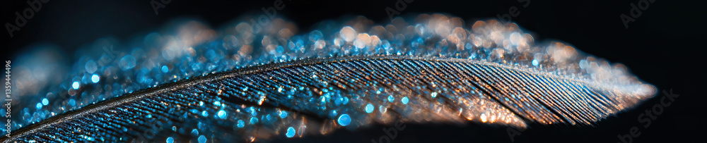 Poster macro photograph of feather with water droplets and bokeh