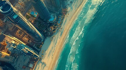 High-angle aerial shot of beach lined with modern skyscrapers, palm-lined promenades visible below, azure water reflecting sunlight, vibrant and luxurious. 