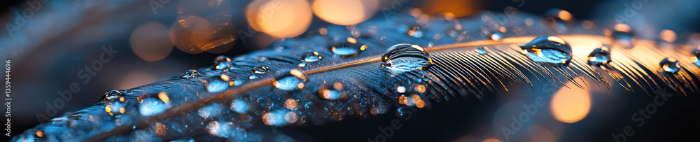 Poster feather with water droplets and bokeh background