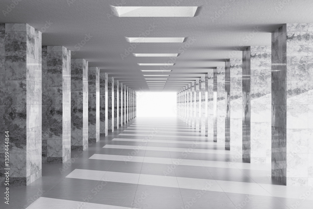 Aufkleber white futuristic column tunnel leading to light. 3d rendering
