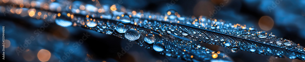 Poster water droplets on two dark feathers with bokeh background