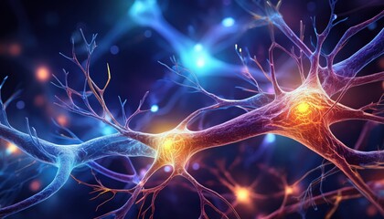 Complex network of neurons illuminated by colorful lights highlights vital scientific research.