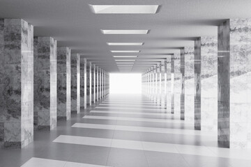White Futuristic Column Tunnel Leading to Light. 3d Rendering