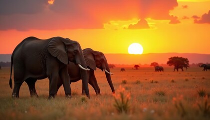 Fototapeta premium Elephants walking through dry grass field at sunset with sun and trees, sun, large