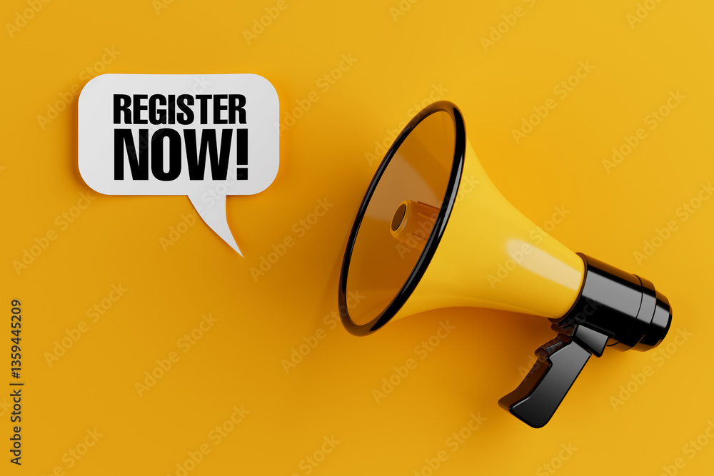 Poster yellow megaphone with register now sign speech clouds chat bubble. 3d rendering