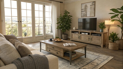 Serene living room bathed in sunlight, showcasing a rustic wooden entertainment center and comfortable sofa, creating a peaceful and inviting atmosphere.