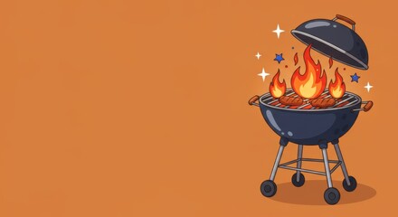 independence day 4th july: A bbq grill with flames and stars on a brown background