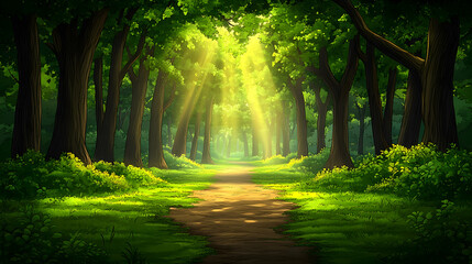 Fototapeta premium A sunlit path meanders through a lush green forest casting shadows on the path Trees canopy the light creating an eth