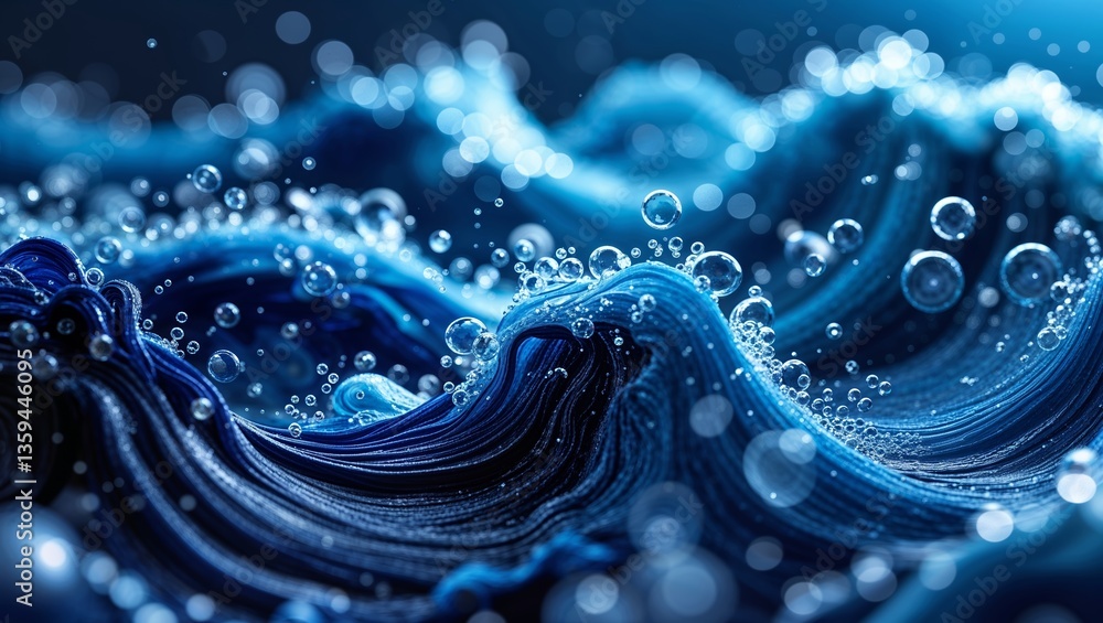 Poster dynamic blue waves create a mesmerizing underwater atmosphere with bubbles reflecting light in a cal