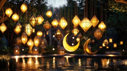 Floating crescent and geometric lanterns glowing in soft amber hues above a water feature reflecting their serene golden shapes under an evening sky
