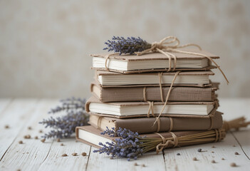 Collection of stacked journal book rests on wooden surface, with lavender sprigs tied with twine, evoking a sense of calm and creativity. Perfect for poetry enthusiasts