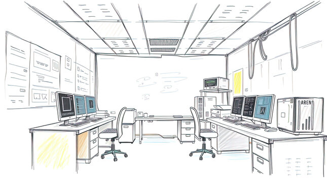 A hand-drawn sketch of a cyberpunk IT lab using soft pastel colors, gentle and soothing, with rough lines, textured pencil strokes, and a white background