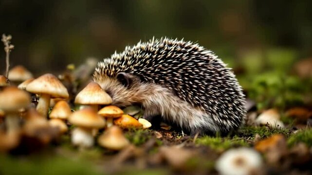 A hedgehog snuffles through a patch of mushrooms, pausing to nibble on one before continuing its search for food