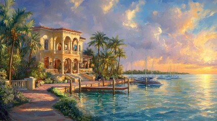 Fototapeta premium Luxurious Florida Keys oceanfront estate with Mediterranean architecture, private marina, swaying palms, and radiant sunset over the horizon 